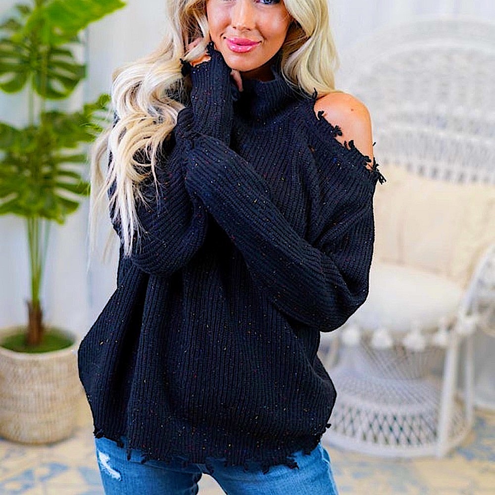 🍒BOGO50%🍒🆕🖤ZENANA: BLACK Cutout Turtleneck Speckled Sweater SMALL